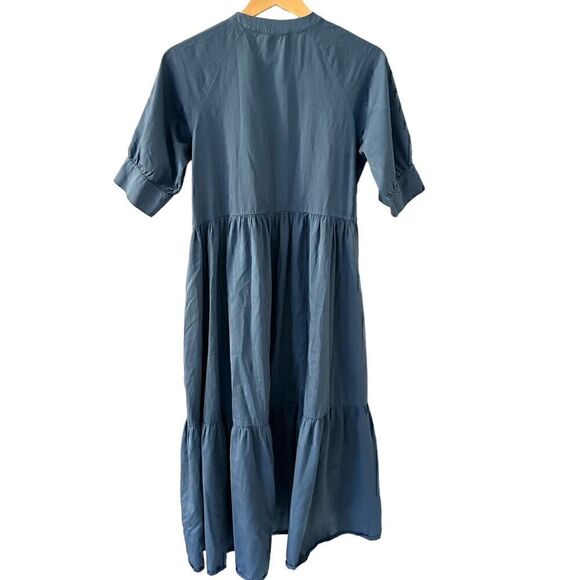 Ali Golden Blue Cotton Button Up Short Sleeve Tiered Ruffled Maxi Dress Size S - Picture 3 of 11
